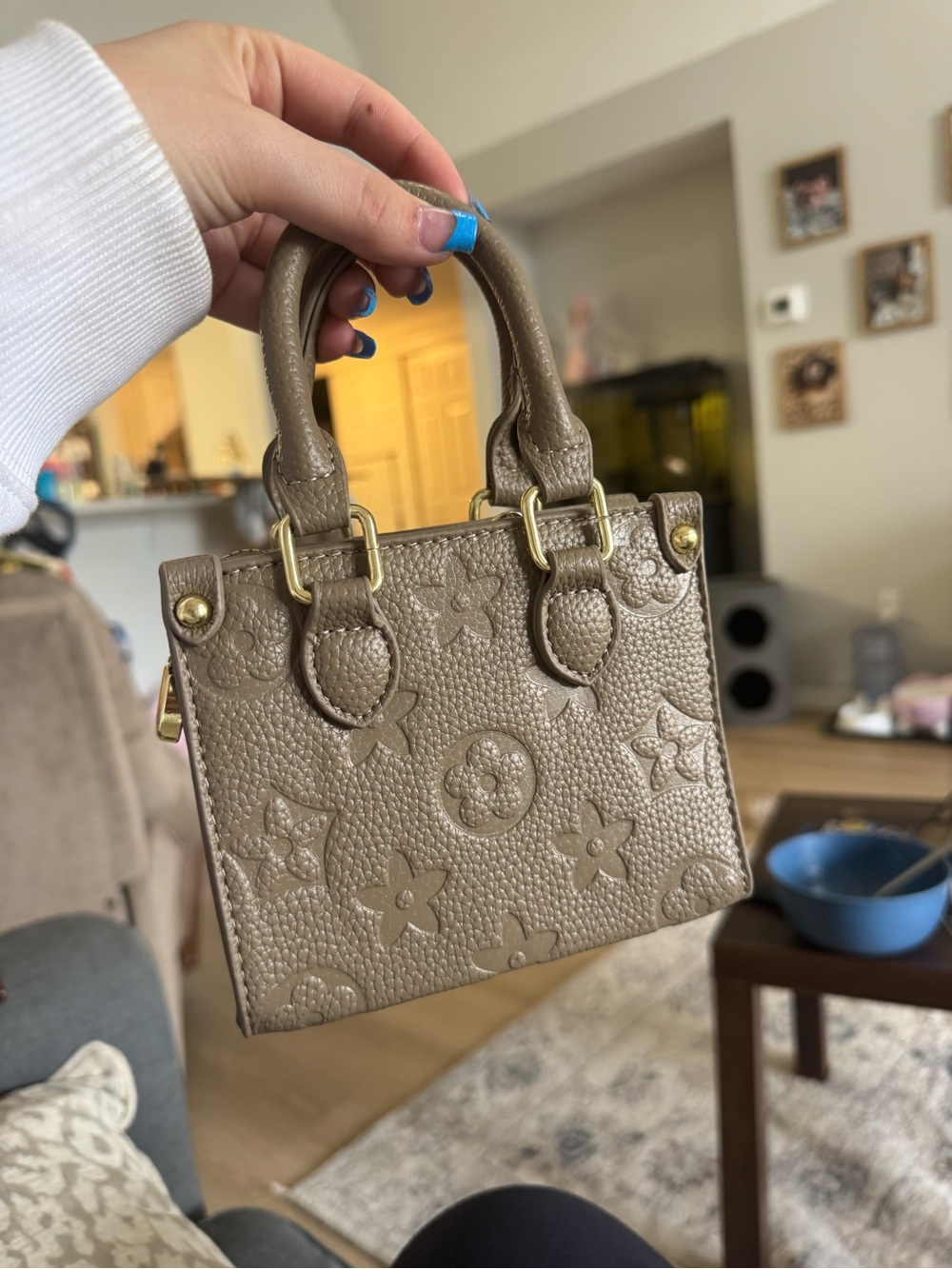 Taupe Embossed Mini Tote Bag with Top Handles